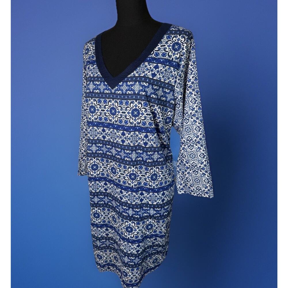 Lands' End Blue and White Printed V-Neck Women’s Dress